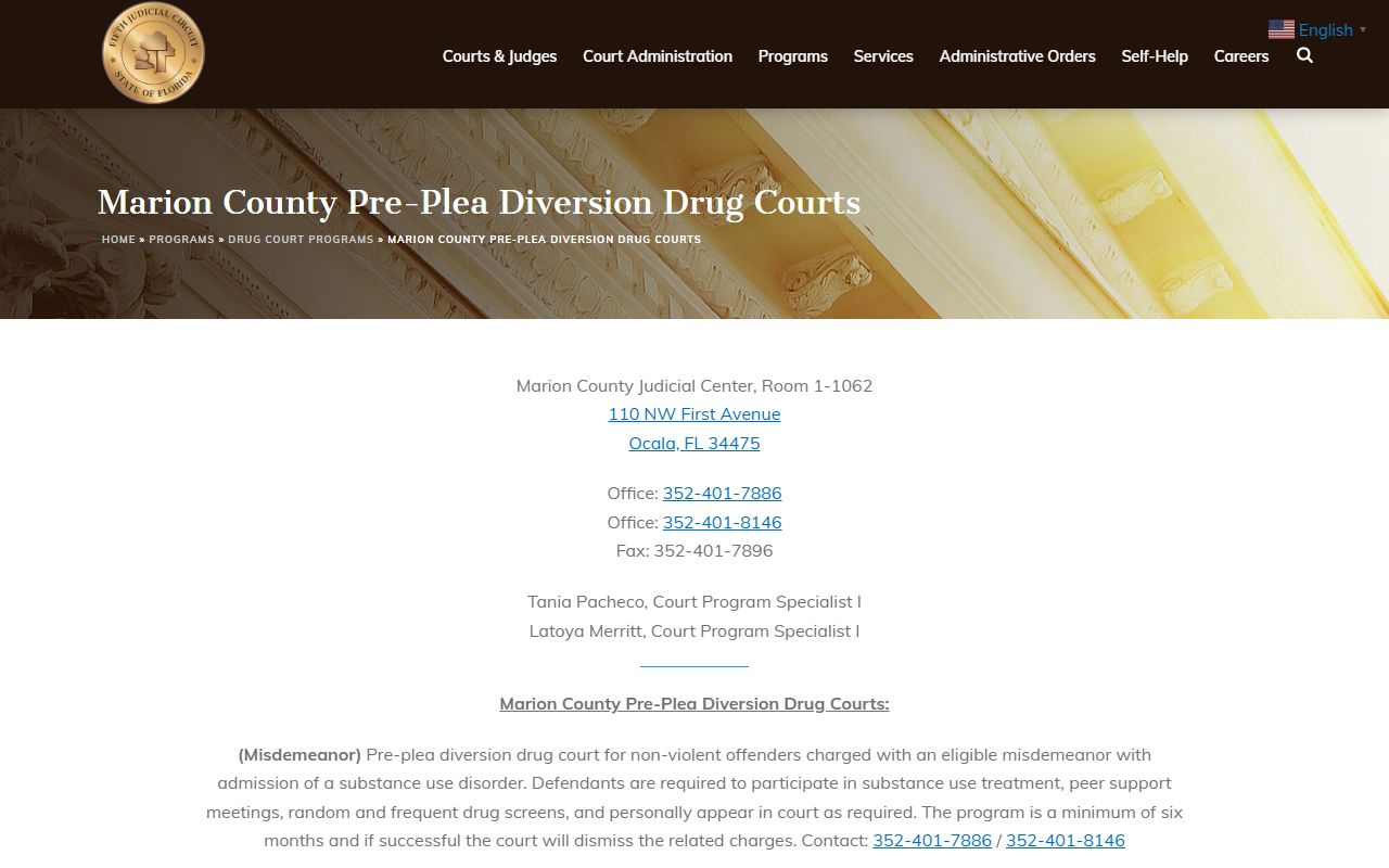 Marion County misdemeanor drug court program page from Fifth Judicial Circuit