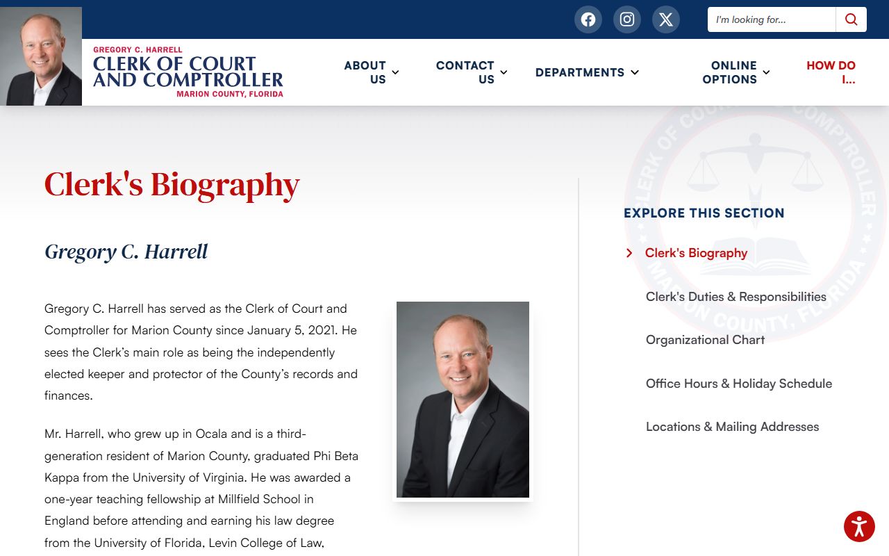 Marion County Clerk Gregory C. Harrell biography page on marioncountyclerk.org