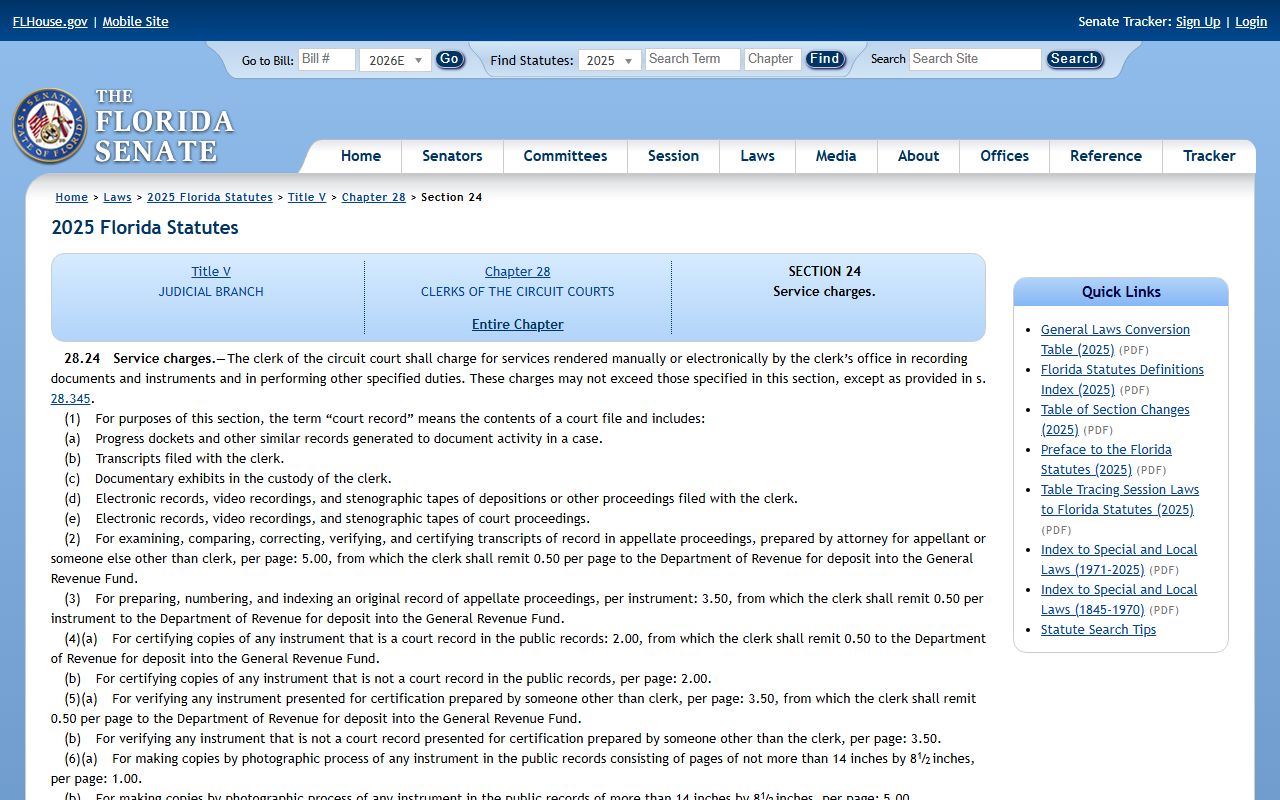 Marion County court records Florida Statute 28.24 clerk service charge page