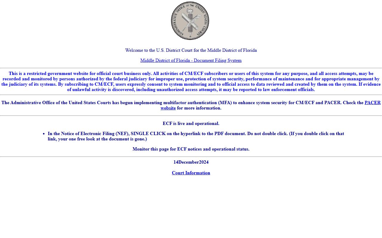 Middle District of Florida CM/ECF access page