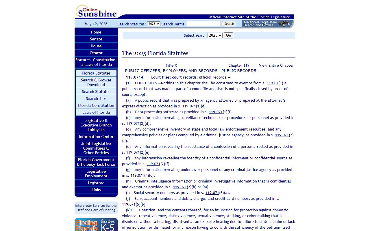 Florida Statute 119.0714 court-file and official-record protections
