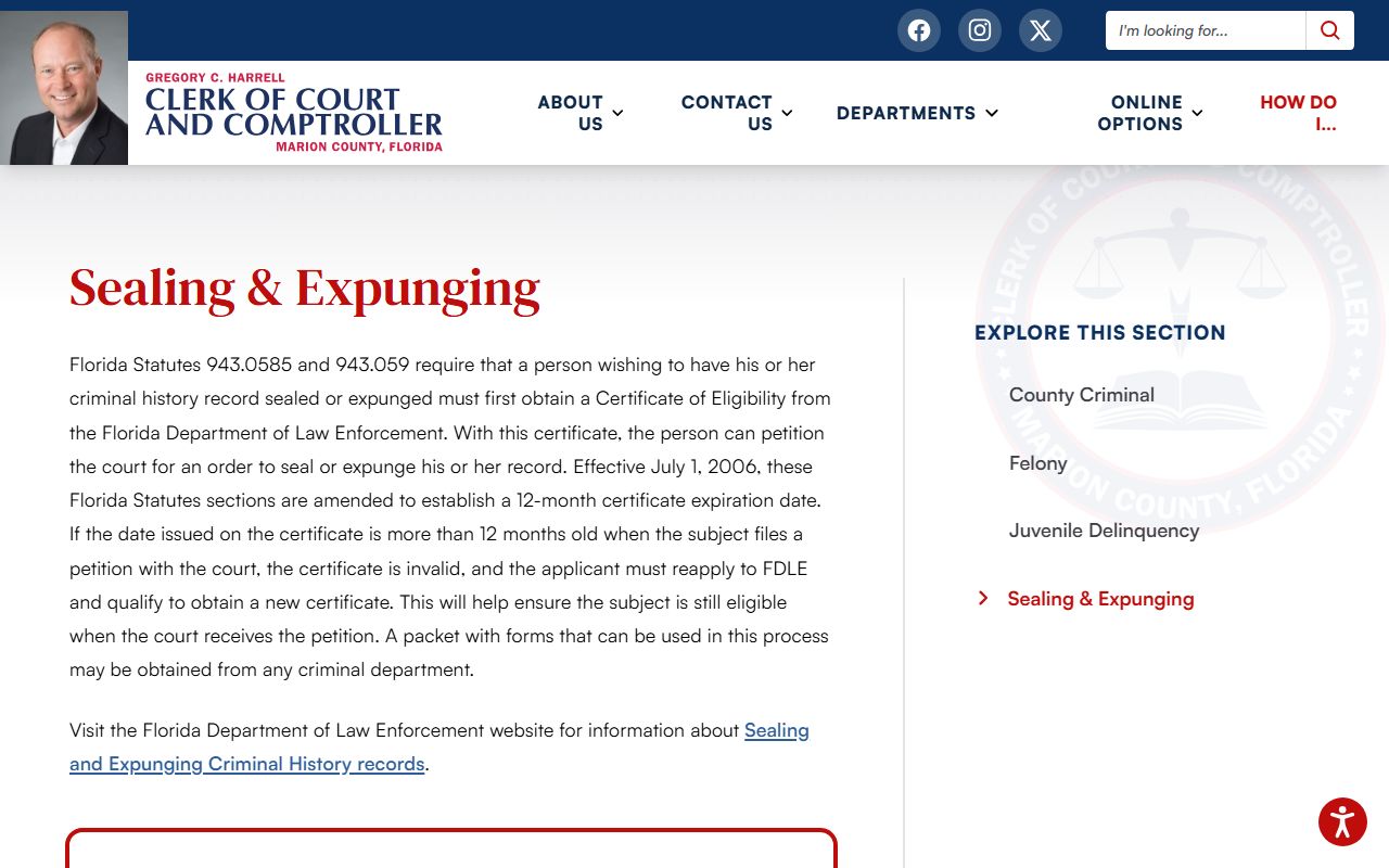 Marion County Clerk sealing and expunging page