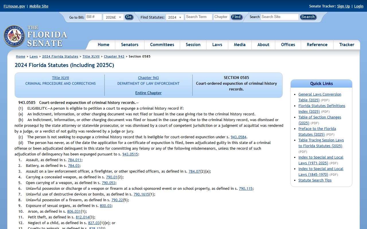 Florida court-ordered expunction statute on flsenate.gov
