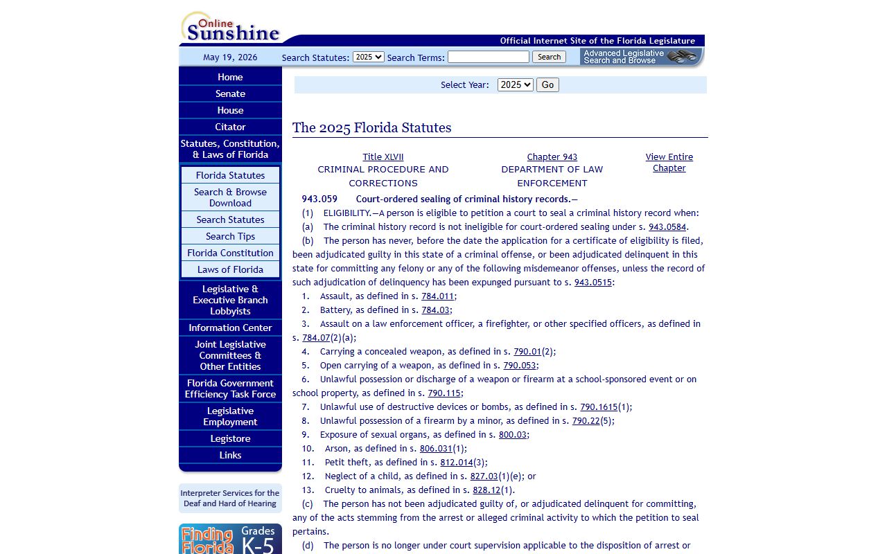 Florida court-ordered sealing statute on leg.state.fl.us