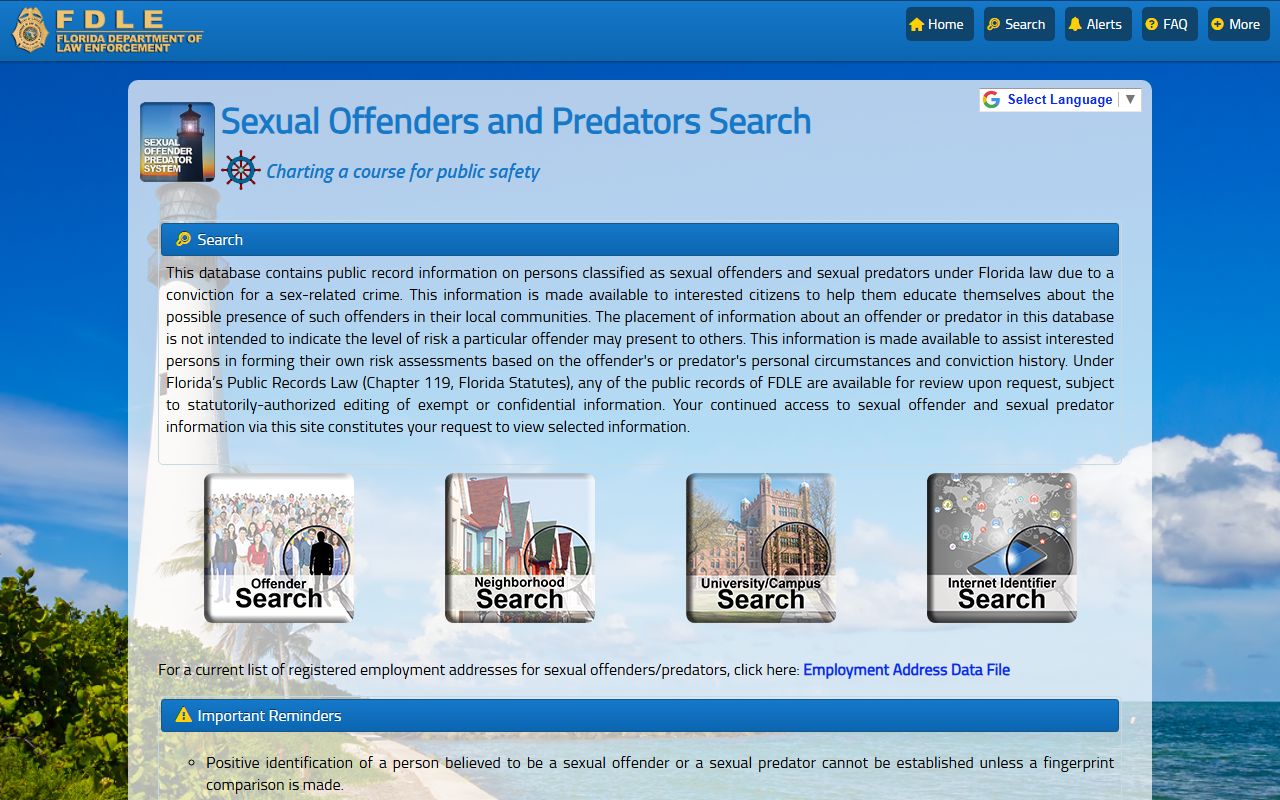 FDLE Sexual Offender and Predator Search page