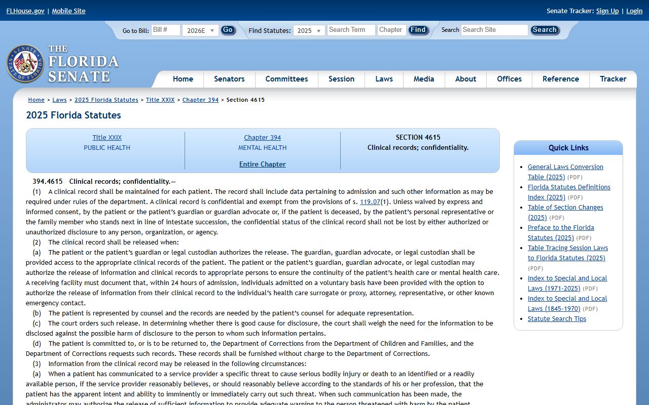 Florida Statute 394.4615 mental-health clinical record confidentiality