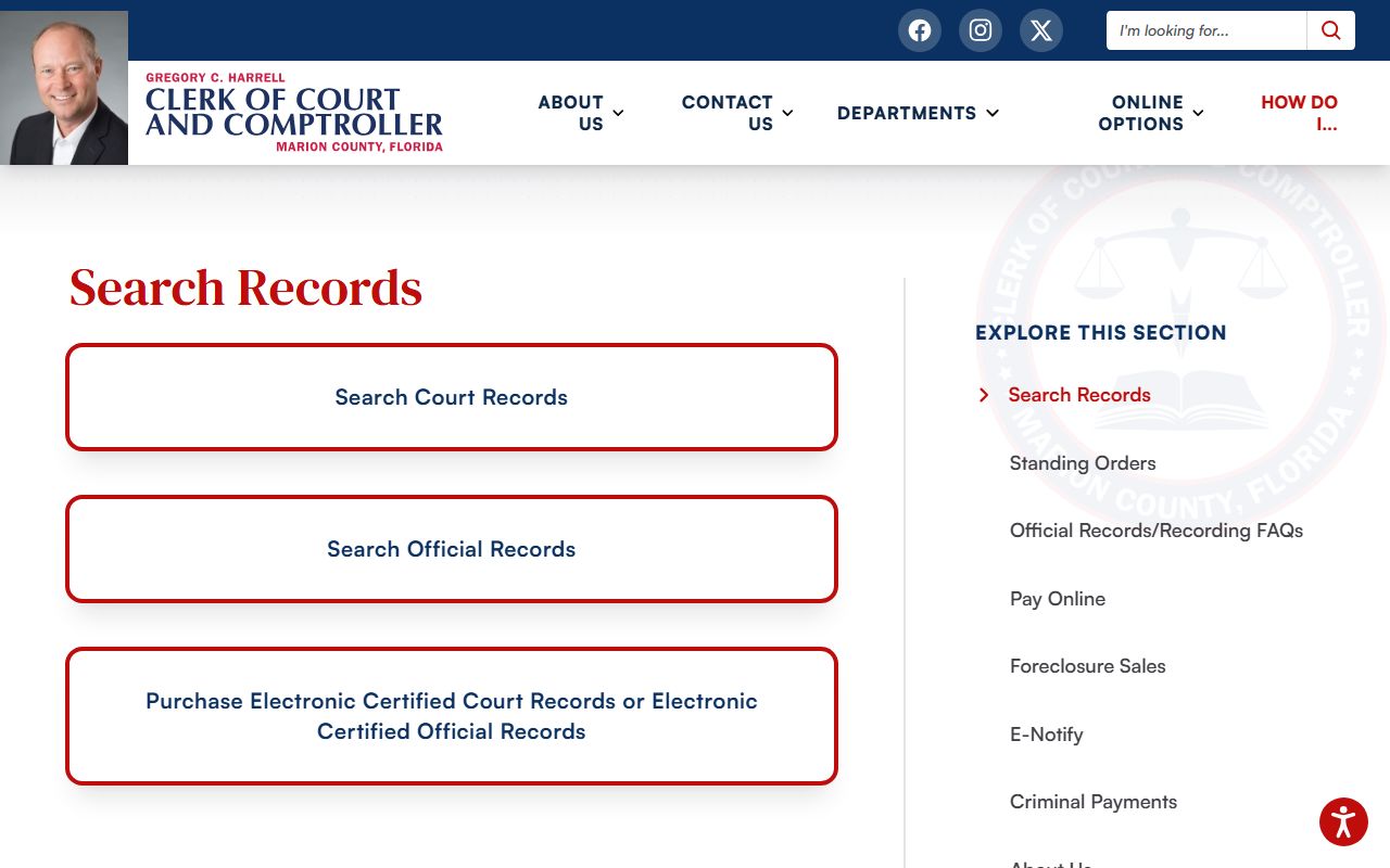 Marion County court records search landing page on the Clerk site