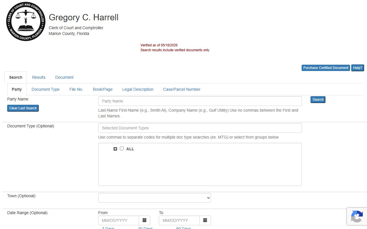 Marion County Official Records browser for recorded court documents