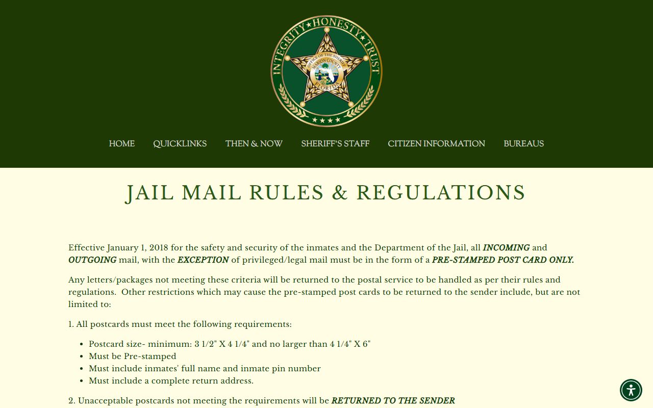Marion County Sheriff jail mail rules and postcard-only restrictions
