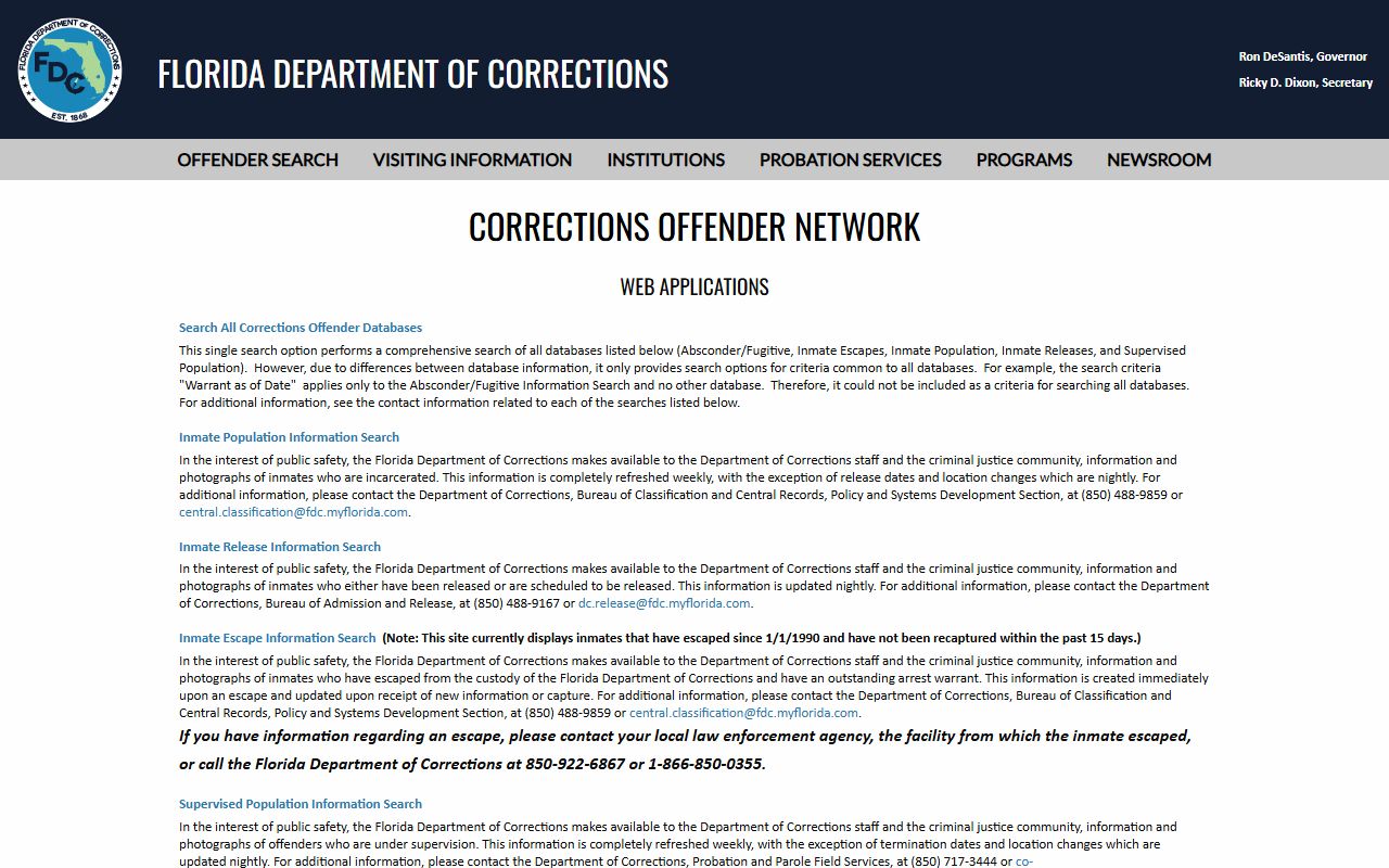 Florida Department of Corrections offender search menu for Marion County state inmates