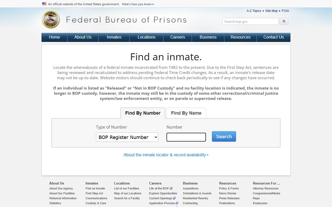 Federal Bureau of Prisons inmate locator search page for Marion County federal cases
