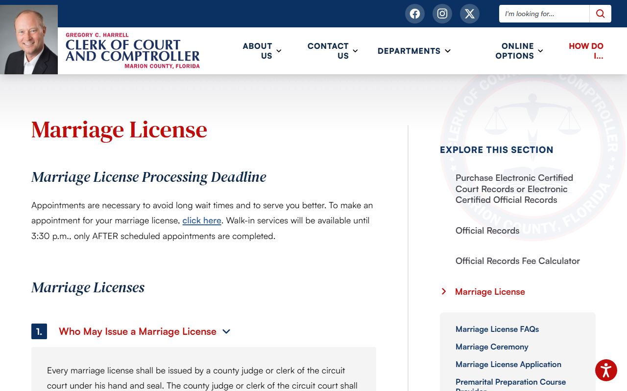 Marion County Clerk marriage license page with Annex location and appointment information