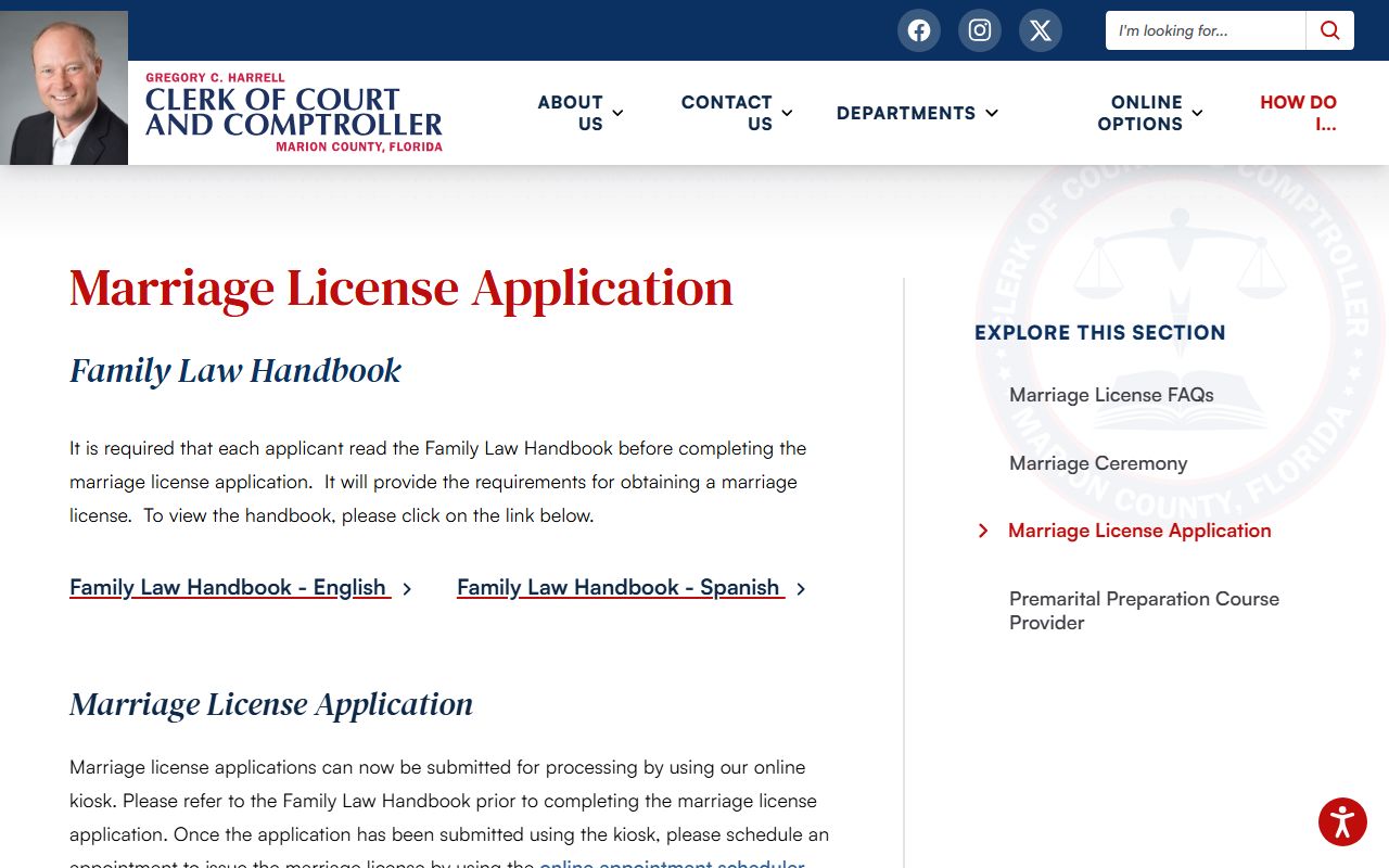 Marion County Clerk marriage license application instructions page