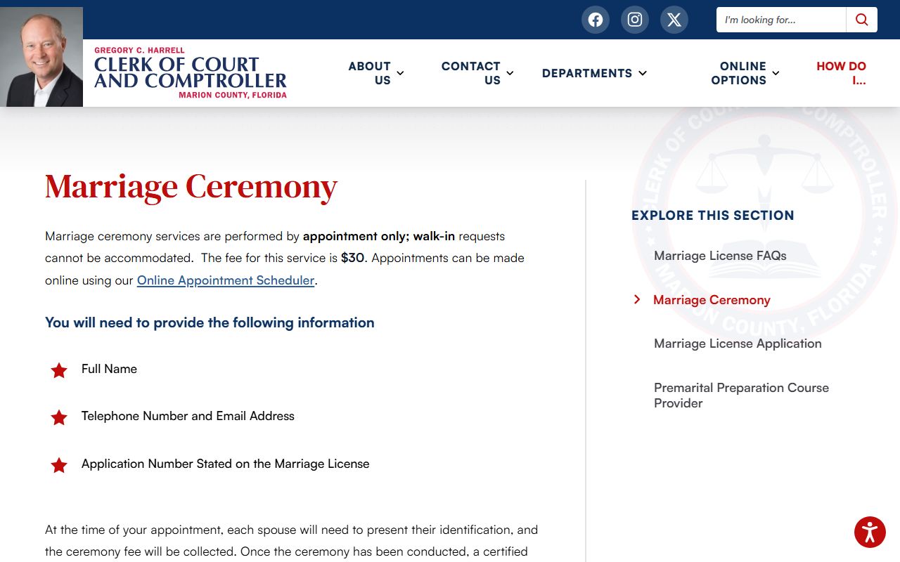 Marion County Clerk marriage ceremony page with appointment, fee, and guest rules