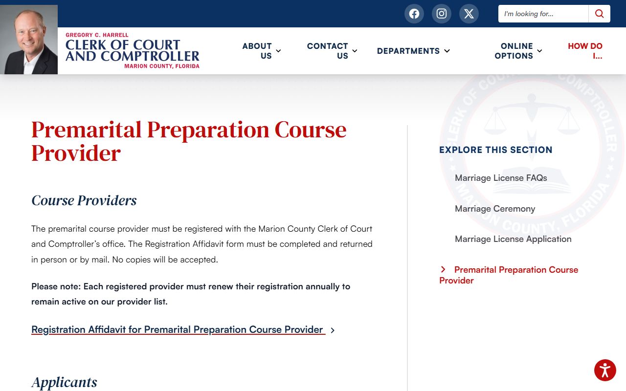 Marion County Clerk premarital preparation course provider registration page