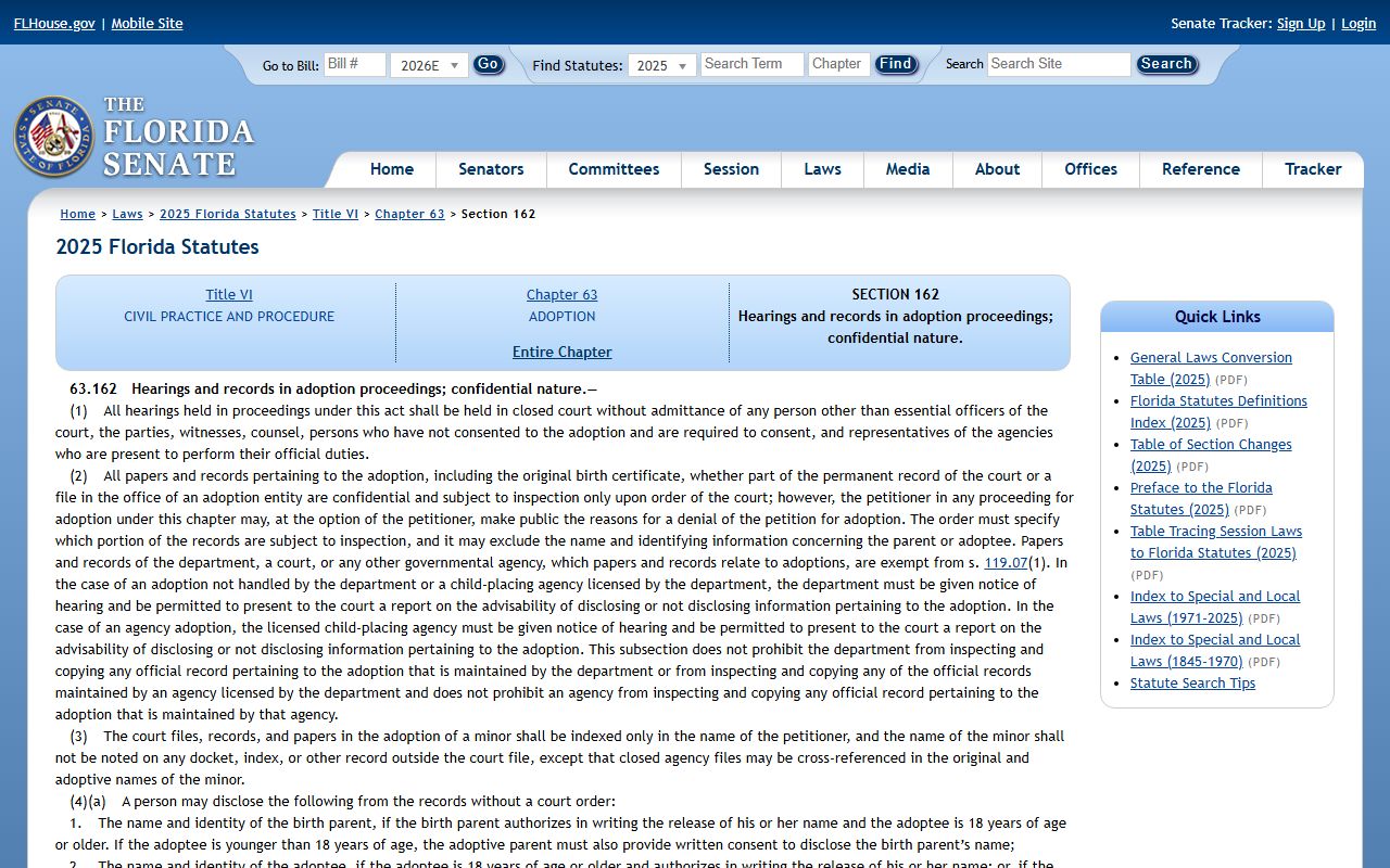 Florida Statute 63.162 adoption-record confidentiality on flsenate.gov