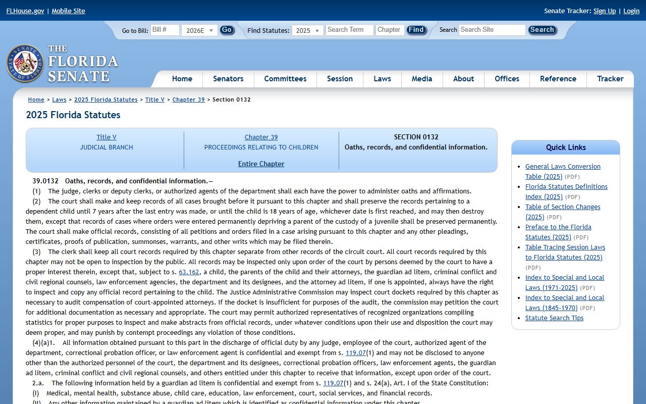Florida Statute 39.0132 dependency court-record confidentiality on flsenate.gov