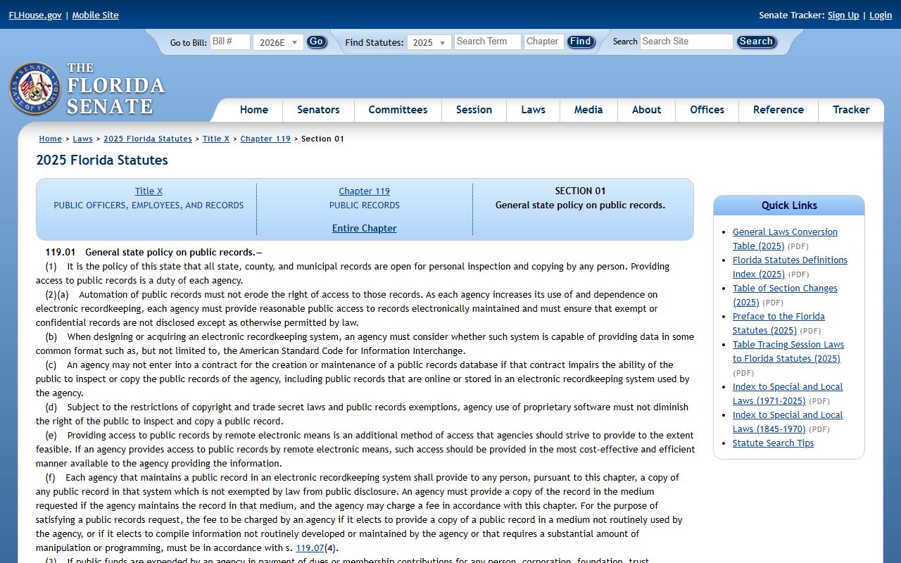 Florida public-records policy statute Fla. Stat. 119.01 on flsenate.gov