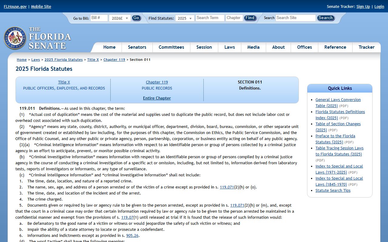 Florida public-record definitions statute Fla. Stat. 119.011 on flsenate.gov