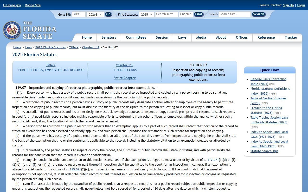 Florida inspection and copying statute Fla. Stat. 119.07 on flsenate.gov