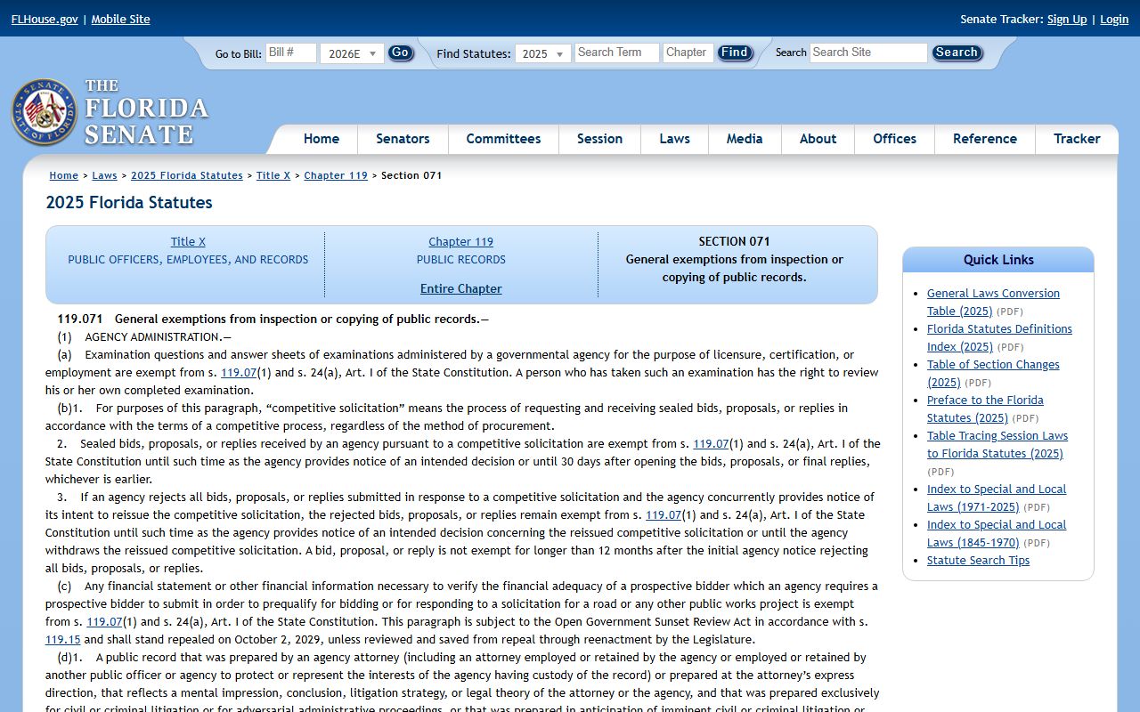 Florida public-record exemptions statute Fla. Stat. 119.071 on flsenate.gov