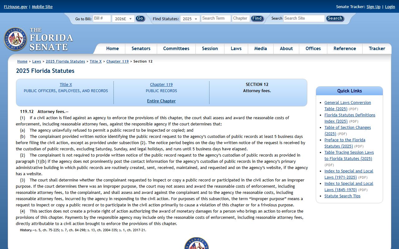 Florida public-record attorney-fee statute Fla. Stat. 119.12 on flsenate.gov