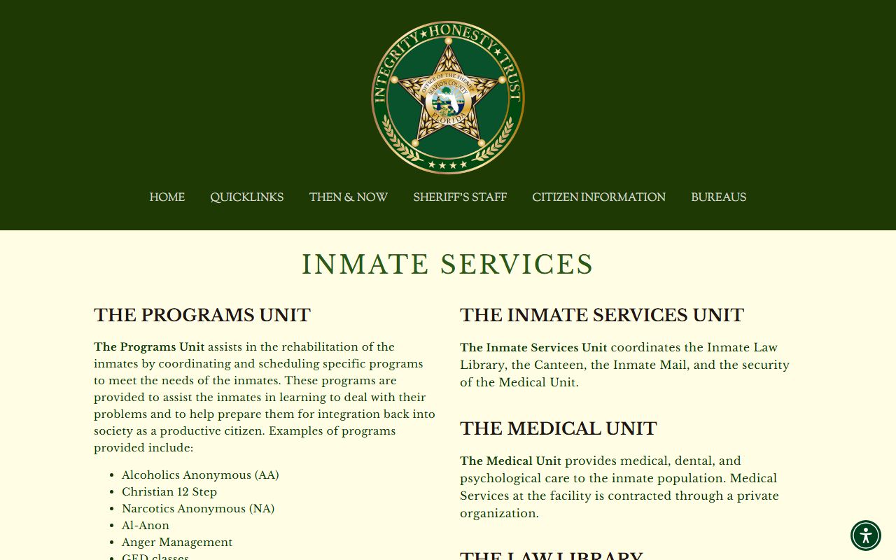 Marion County Sheriff inmate services page with links to released inmate tools