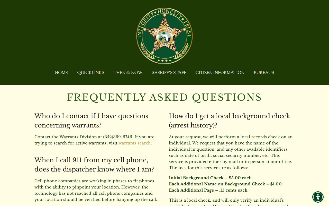 Marion County Sheriff FAQ page covering warrant, records, and public-record questions for released inmates