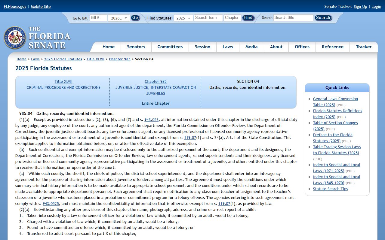 Florida Statute 985.04 juvenile justice record confidentiality on flsenate.gov