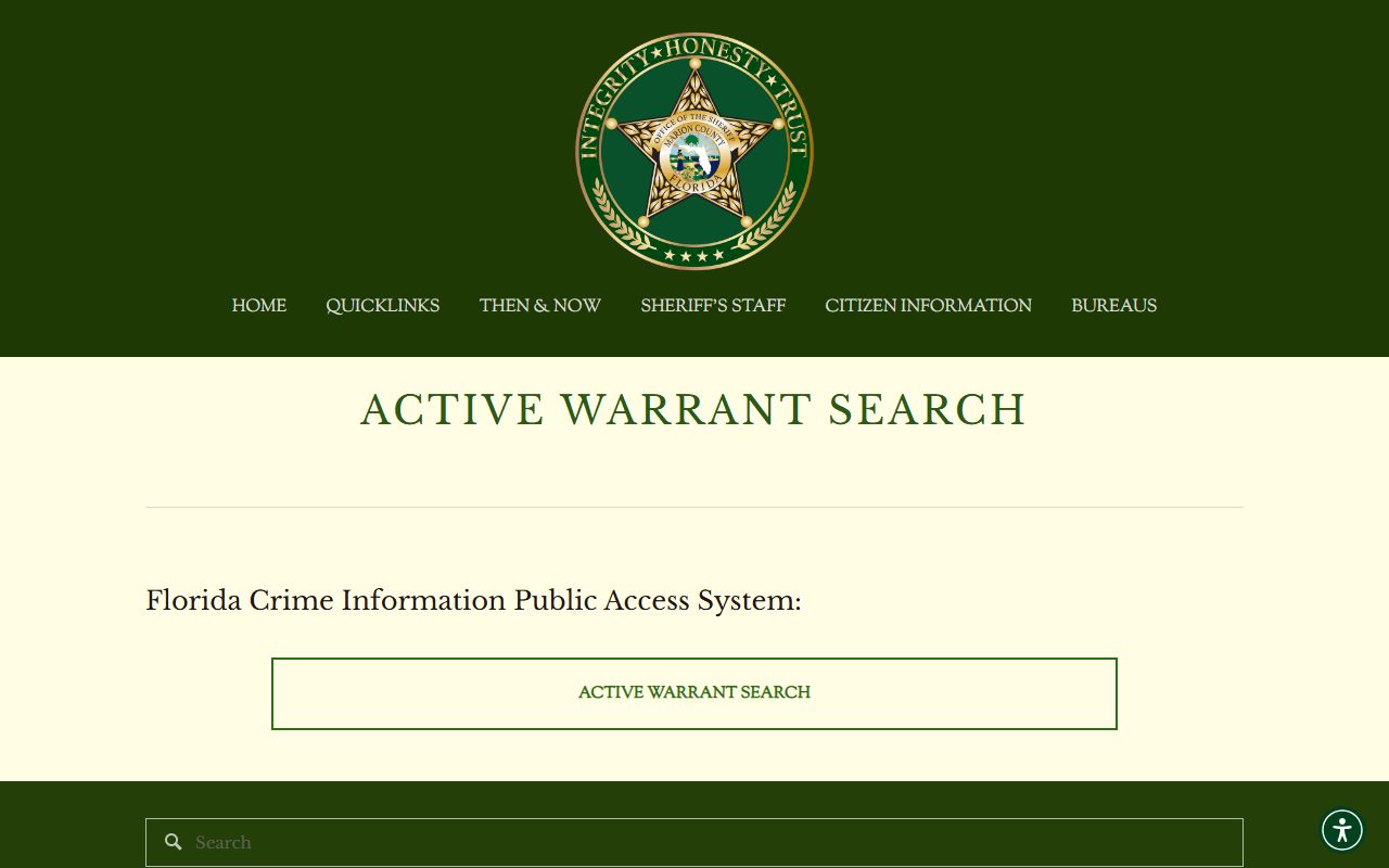 Marion County Sheriff active warrant search page linking to the FDLE wanted persons portal